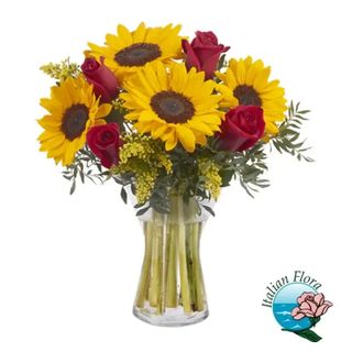 Mazzo di rose rosse e girasoli