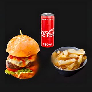 Meniu Cheeseburger de vita cu cartofi prajiti si Coca Cola 330 ml