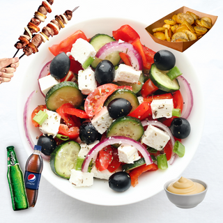 Salata greceasca, 2x Souvlaki, Cartofi Prajiti, Bautura, Sos