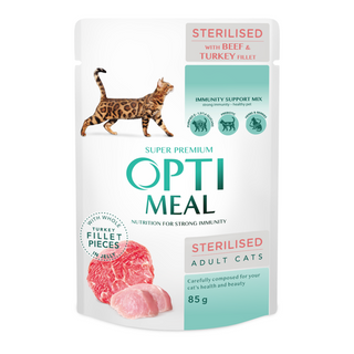  Пауч Opti Meal Sterilised з яловичною та індичим філе в желе 85 г