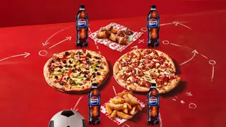 Combo futbolero: 2 Pizzas medianas + Patatas + Alitas + 4 bebidas
