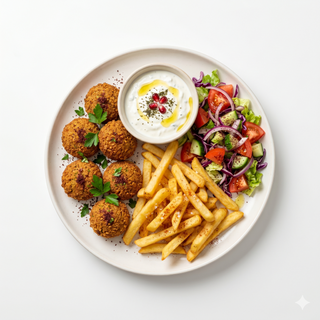 Falafel con patatas, ensalada y salsa yogur