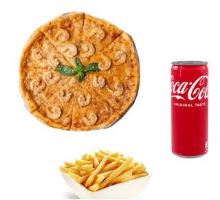 Gamberetti con patatine fritte e bevanda a scelta