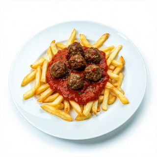 Patatas Fritas Con Albóndigas En Tomate