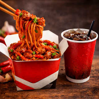 Schezuan Chicken Noodles with soda