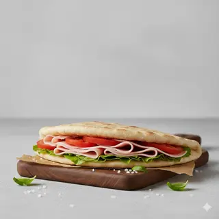 Piada con prosciutto cotto, pomodoro e insalata