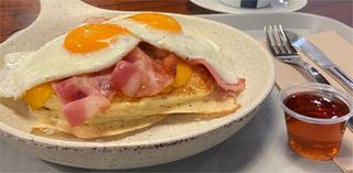 Pancakes eggs and bacon