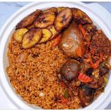 Village rice, Plantain, beef and ponmo