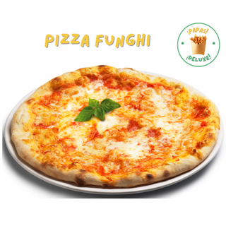 Pizza Funghi con bebida.