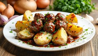 Телешки кюфтенца с печени картофи