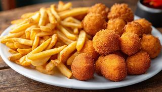 Antipasto caldo misto + anelli di cipolla 5 pezzi + crochette 5 pezzi + panelle 5 pezzi + patatine fritte