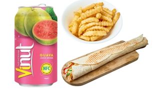 Rollo kebab tortilla, Napój o smaku guawy, frytki