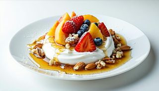 Yogurt con miele, frutta fresca e noci