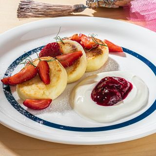 Cottage Cheese Pancakes With Sour Cream And Berries Confiture.