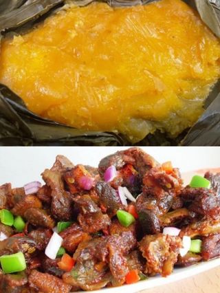 1 kg pan fried goat's meat with pressed matooke 