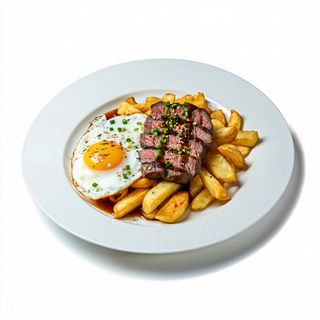 Lomo de cerdo con huevo frito y patatas fritas
