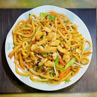 Spaghetti udon con verdure e pollo