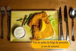 Fileu de șalău în fulgi de porumb și sos de usturoi