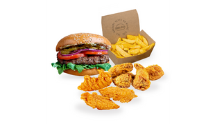 Standard burger, 3 stripsy z kurczaka, 4 skrzydełka i duże frytki