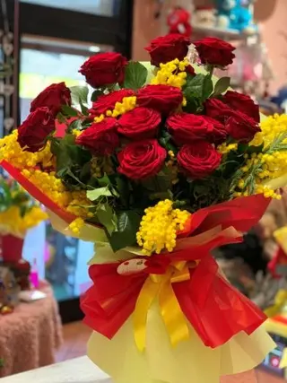 12 Rose Rosse confezionate con Mimosa