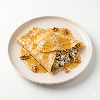 Crep con queso roquefort, nueces y miel