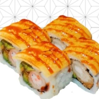  96.Tempura langostinos,aguacate,queso y salsa anguila (8 Uds.)