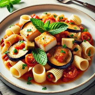 Pacchero con pesce spada melanzana e mentuccia