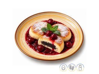 Syrnyky con semillas de amapola y cerezas