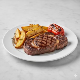 Entrecot con patatas y pimiento asado