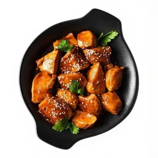 Pollo teriyaki, ensalada y papas