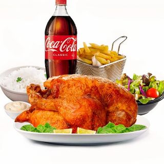 1 pollo completo  con patatas  y bebida 