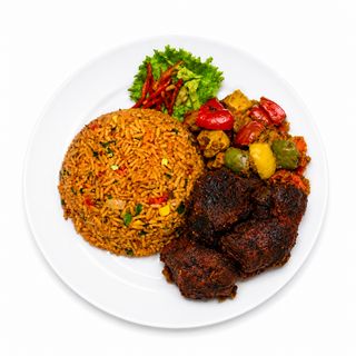 Smokey Jollof With Goat Meat Plantain