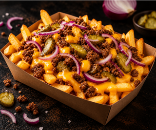 Frytki z sosem cheddar, mięsem wołowym, ogórkiem konserwowym i czerwoną cebulą
