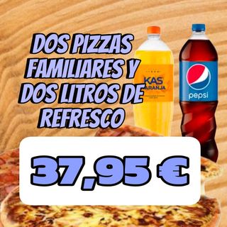 Disfruta De El Doble En Pizzas Familiares y dos litros 