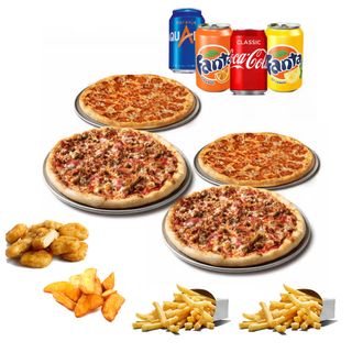 4 Pizzas medianas + 4 Bebidas + 2 Patatas + 1 Patatas gajo + Nuggets x6