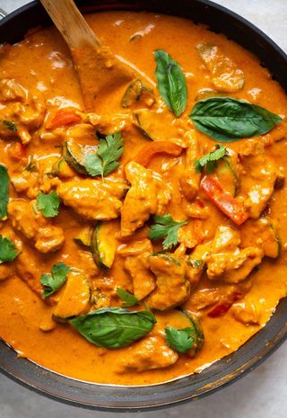 Thai red curry with chicken  served with rice 