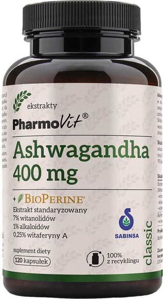 Żeń-szeń indyjski Ashwagandgha 400mg + BioPerine ekstrakt standaryzowany 120 kapsułek PharmoVit