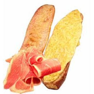 Tostada de tomate, tortilla francesa y jamón serrano