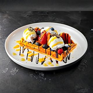Солодка вафля з морозивом,сезонними ягодами та фруктами під шоколадним соусом (390г)