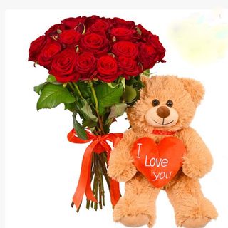 Bukiet czerwonych 19 róż + misiu 