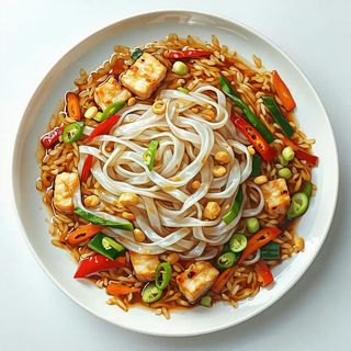 Spaghetti di riso con verdure saltati al wok