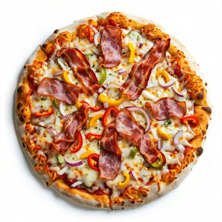 22. Pizza de queso, bacon, salami, jamón york, pimiento y cebolla
