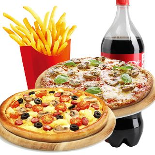 2 Pizzas (33 Cm.) + Patatas Fritas + Coca-Cola (1.25 Lt.)