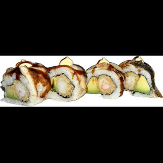 131. Uramaki de langostinos con aguacate(anguila fambeado)(8uds)