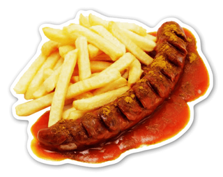 Currywurst z frytkami i sałatka