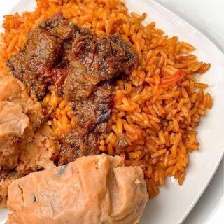 Jollof Rice + Moimoi and beef
