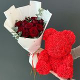 Combo GIFT წითელი ვარდის თაიგული + ხელოვნური ყვავილის წითელი დათუნია