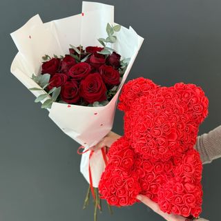 Combo GIFT წითელი ვარდის თაიგული + ხელოვნური ყვავილის წითელი დათუნია