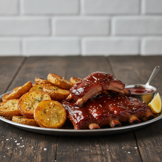 Costite de porc medievale cu glazura BBQ și cartofi rondele