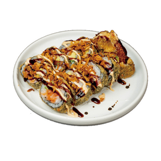 83. Tempura Maki de Salmón, Aguacate y Langostino, Cebolla Frita (8 Uds.)